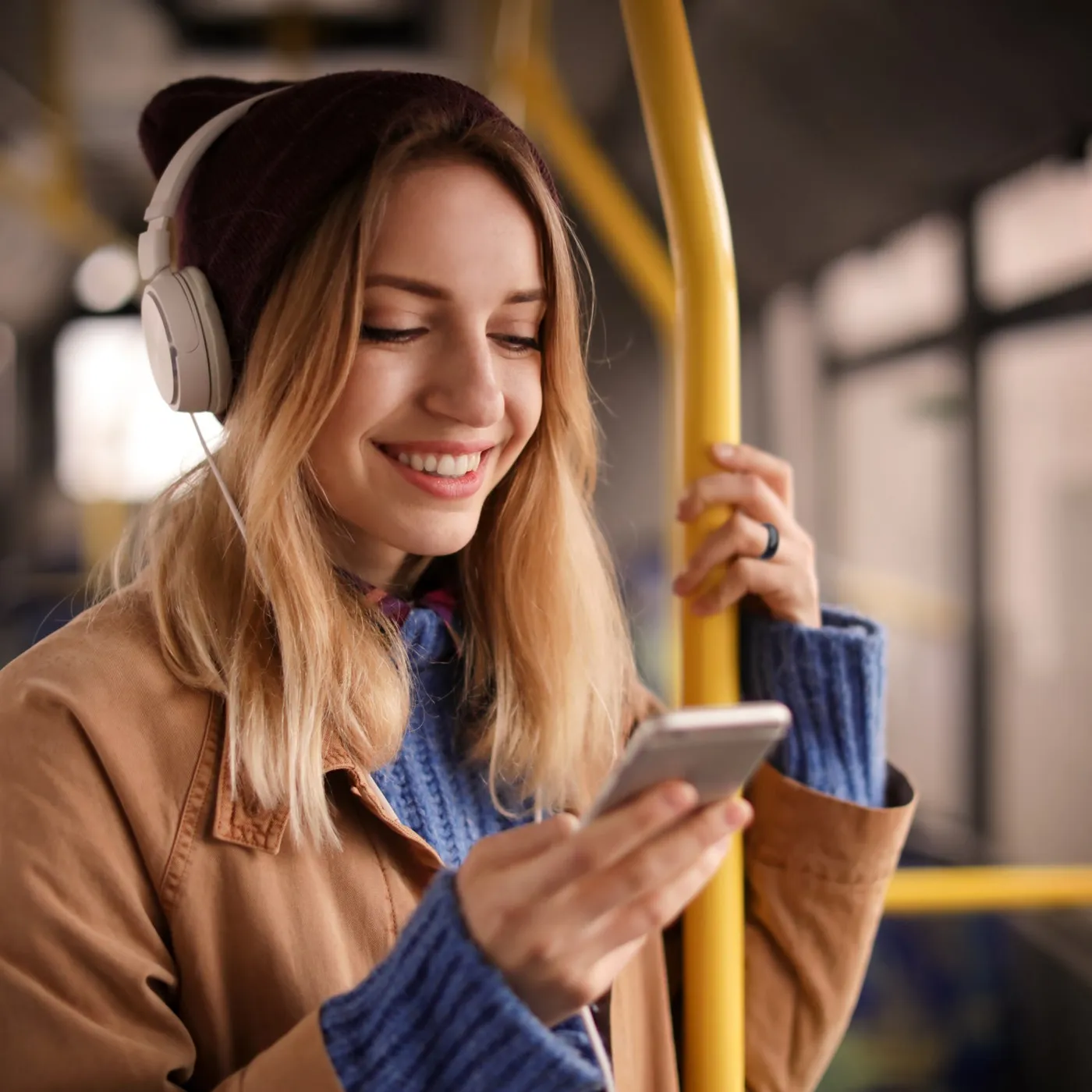 Woman wearing Halo on public transport