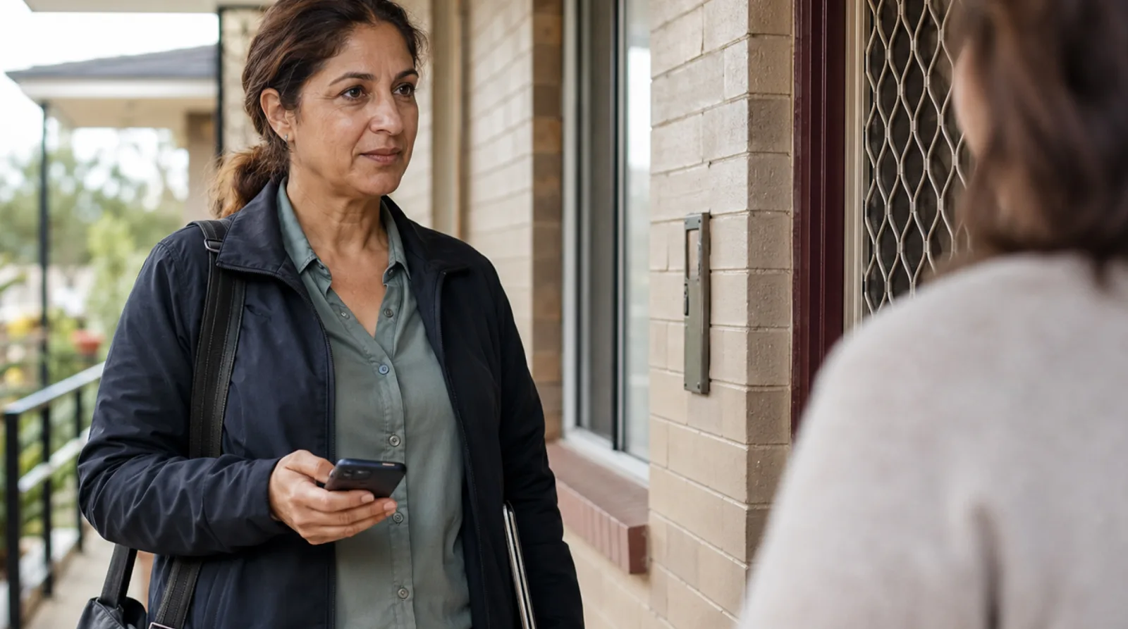 A community worker on a public housing doorstep.