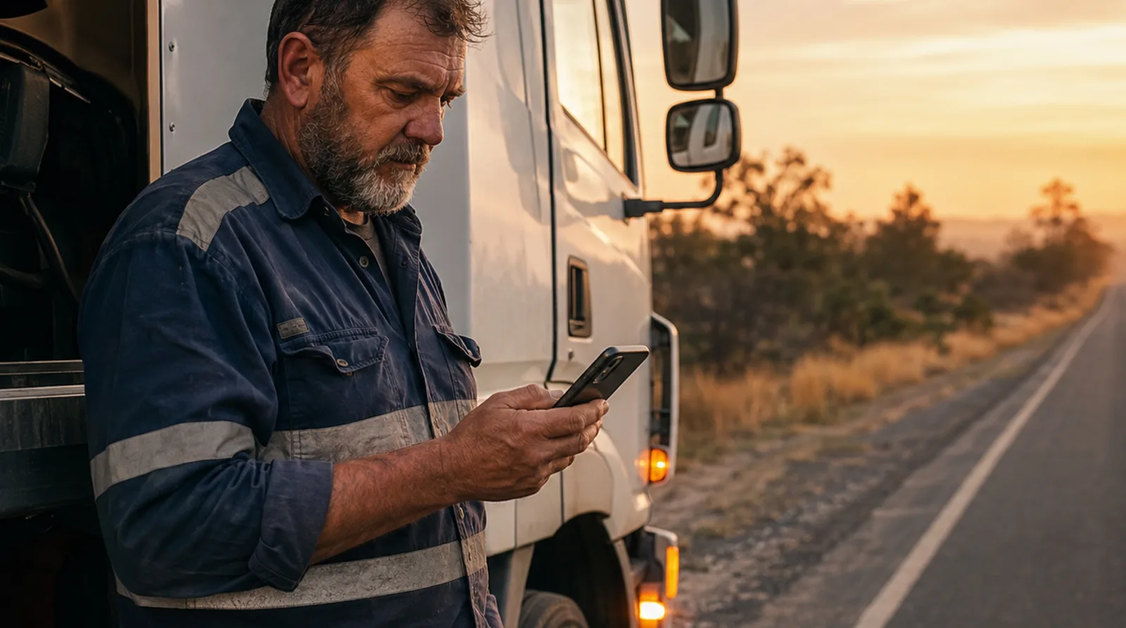 A roadside breakdown at sunset.